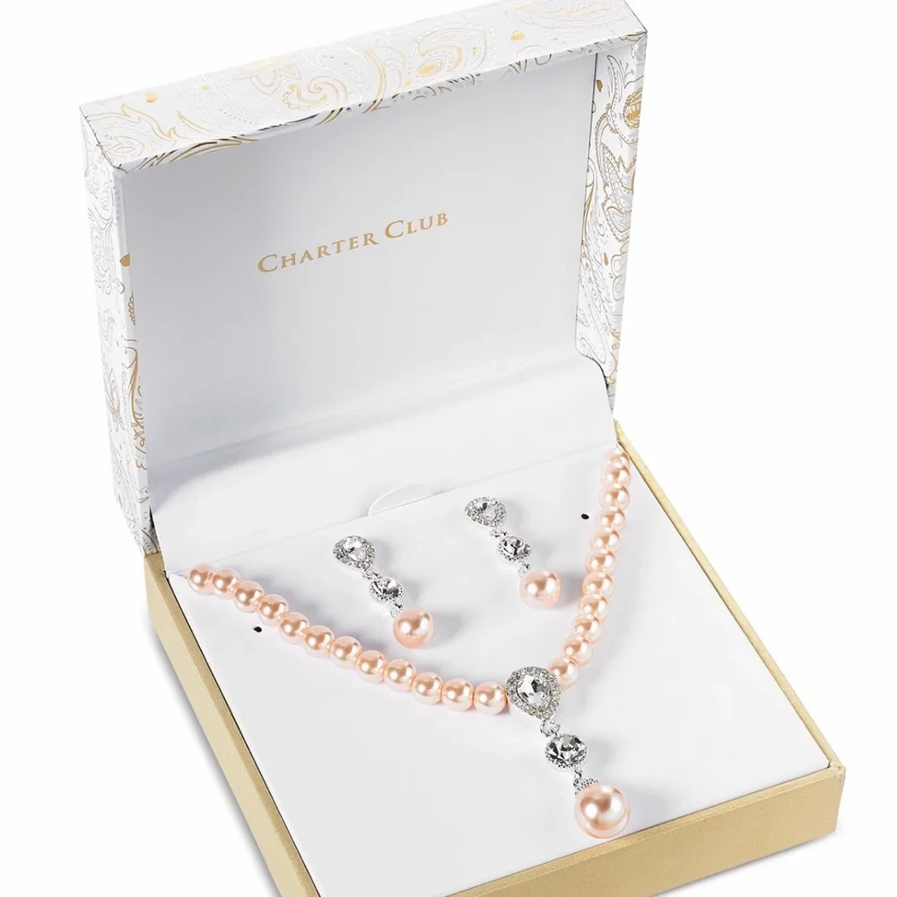 Cubic Zirconia Pearl Lariat Necklace Earrings Set - Picture 3 of 7